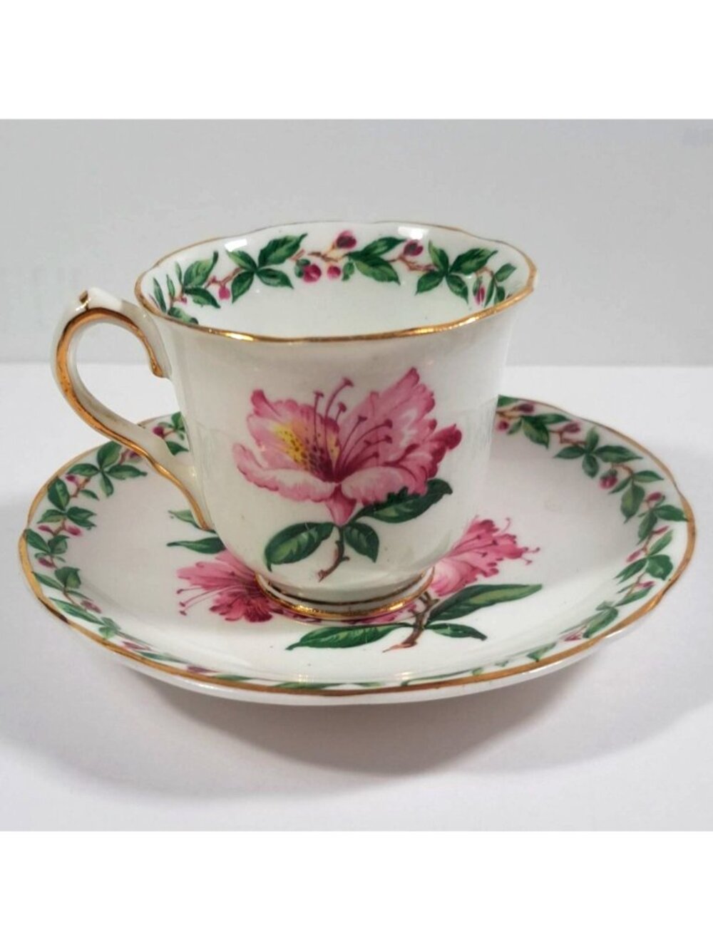 Gladstone Hibiscus Bone China Teacup & Saucer Set Gold Trim Laurel Time England